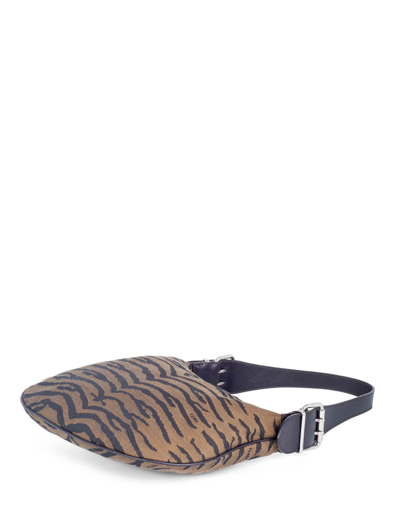 Fendi Logo Leather Canvas Animal Print Hobo Bag Brown-designer resale