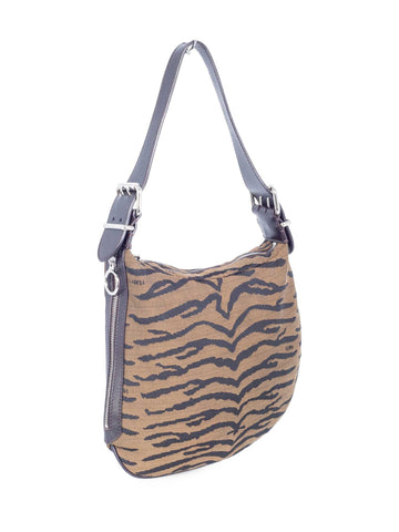 Fendi Logo Leather Canvas Animal Print Hobo Bag Brown-designer resale