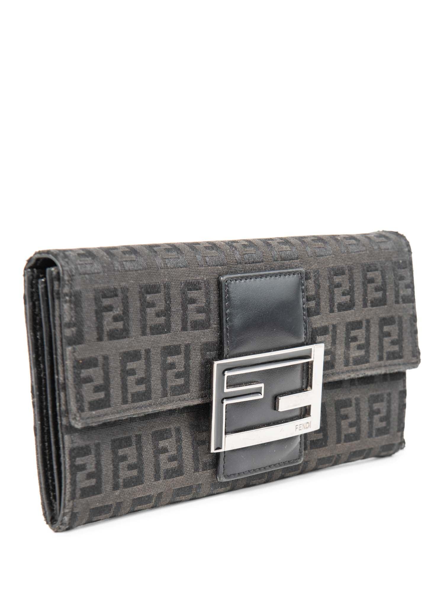 Fendi Logo Zucca Leather Buckle Wallet Black Silver