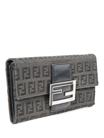 Fendi Logo Zucca Leather Buckle Wallet Black Silver-designer resale