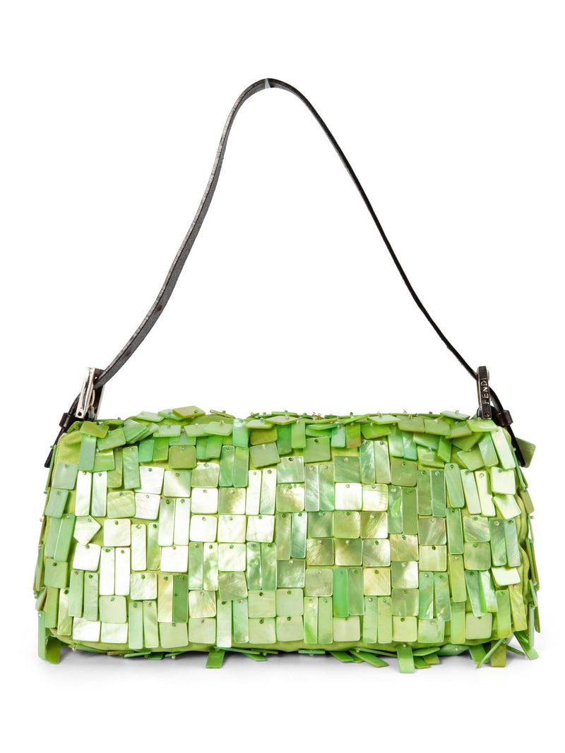 Fendi Mother of Pearl Embellished Flap Baguette Bag Green