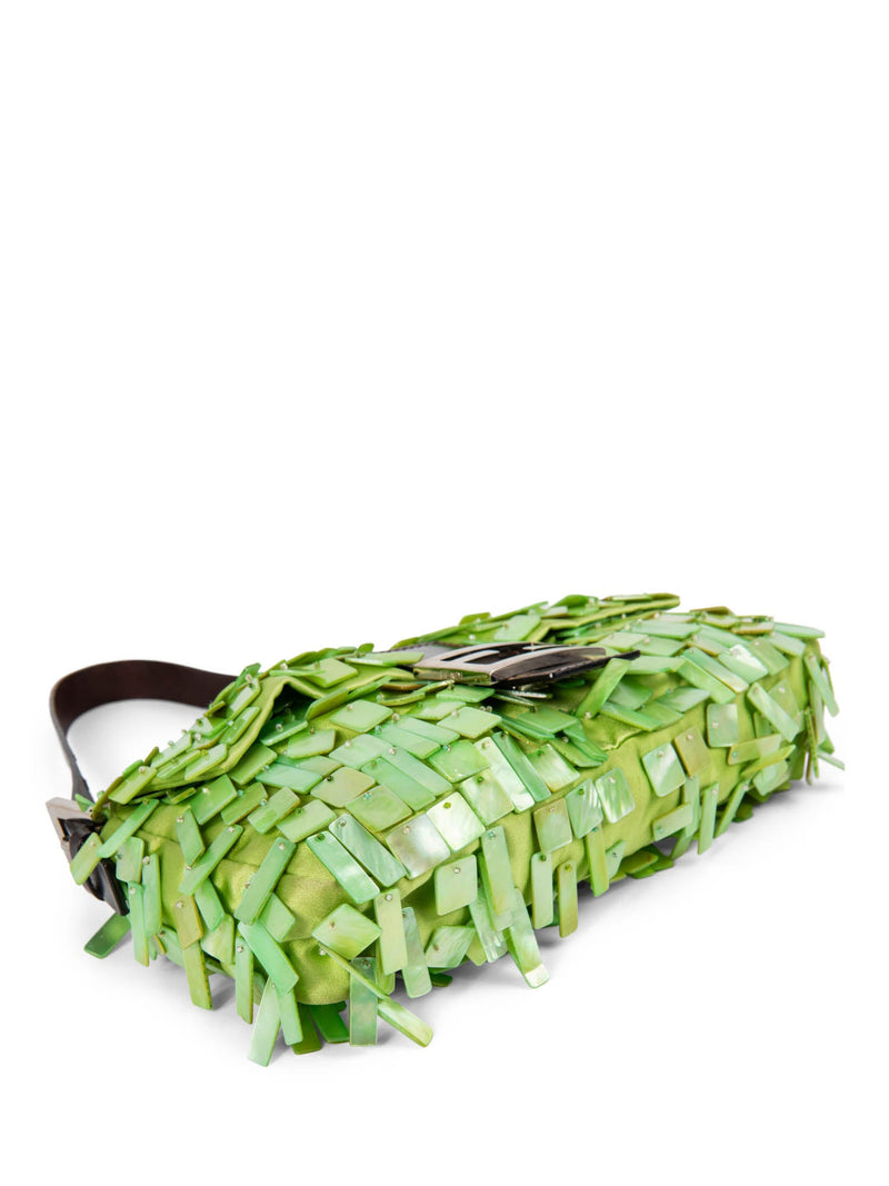 Fendi Mother of Pearl Embellished Flap Baguette Bag Green-designer resale