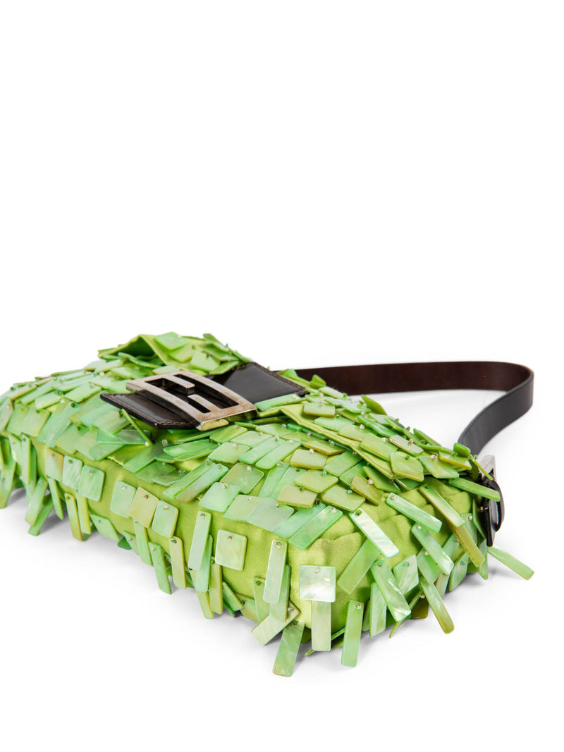 Fendi Mother of Pearl Embellished Flap Baguette Bag Green-designer resale