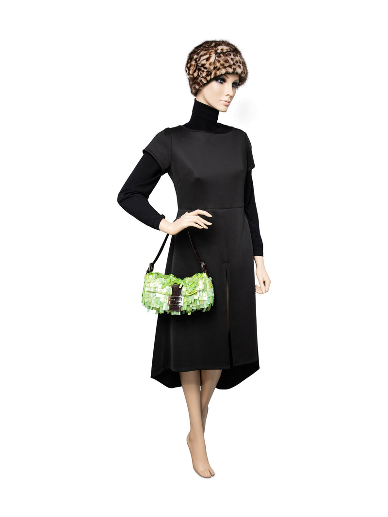 Fendi Mother of Pearl Embellished Flap Baguette Bag Green-designer resale