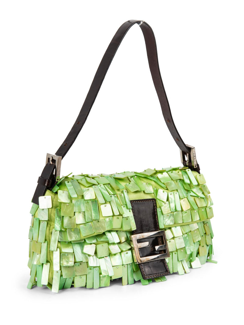 Fendi Mother of Pearl Embellished Flap Baguette Bag Green-designer resale