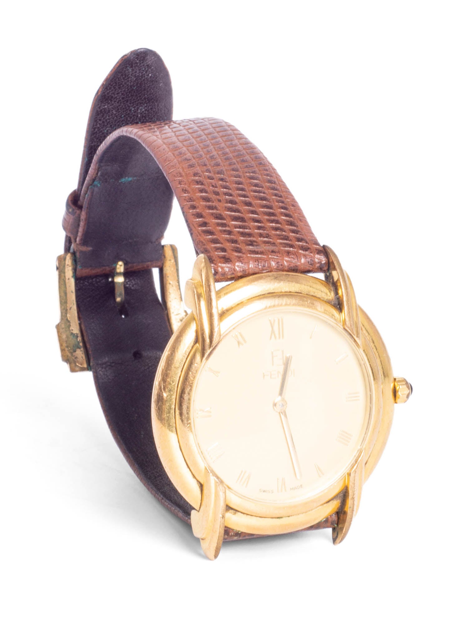 Fendi Snakeskin Leather Strap 24 Gold Plated  Watch Brown