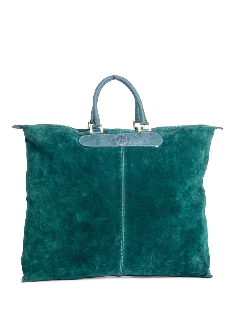 Fendi Suede Vintage Logo Top Handle Weekender Shopper Bag Green-designer resale