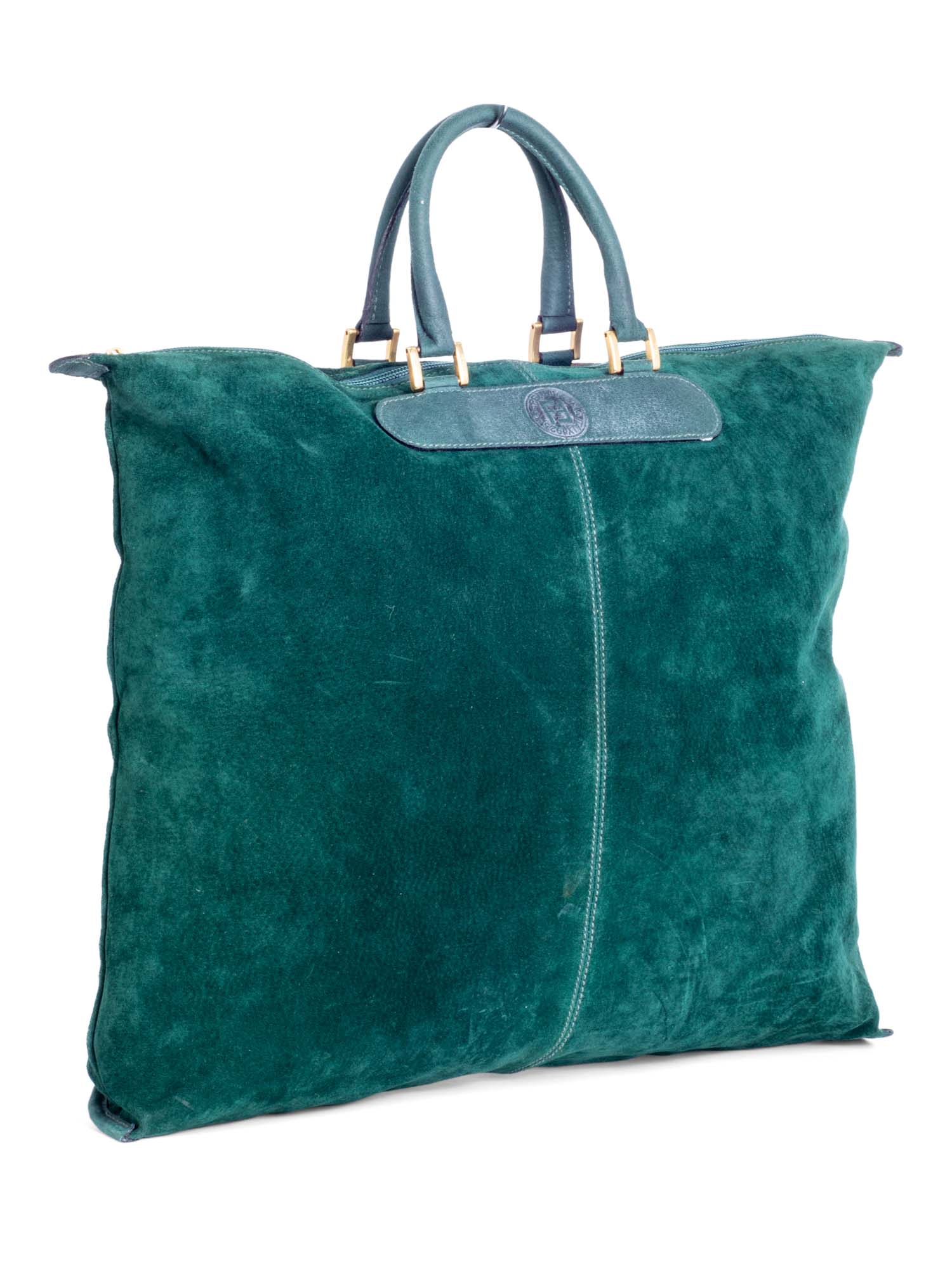 Fendi Suede Vintage Logo Top Handle Weekender Shopper Bag Green-designer resale
