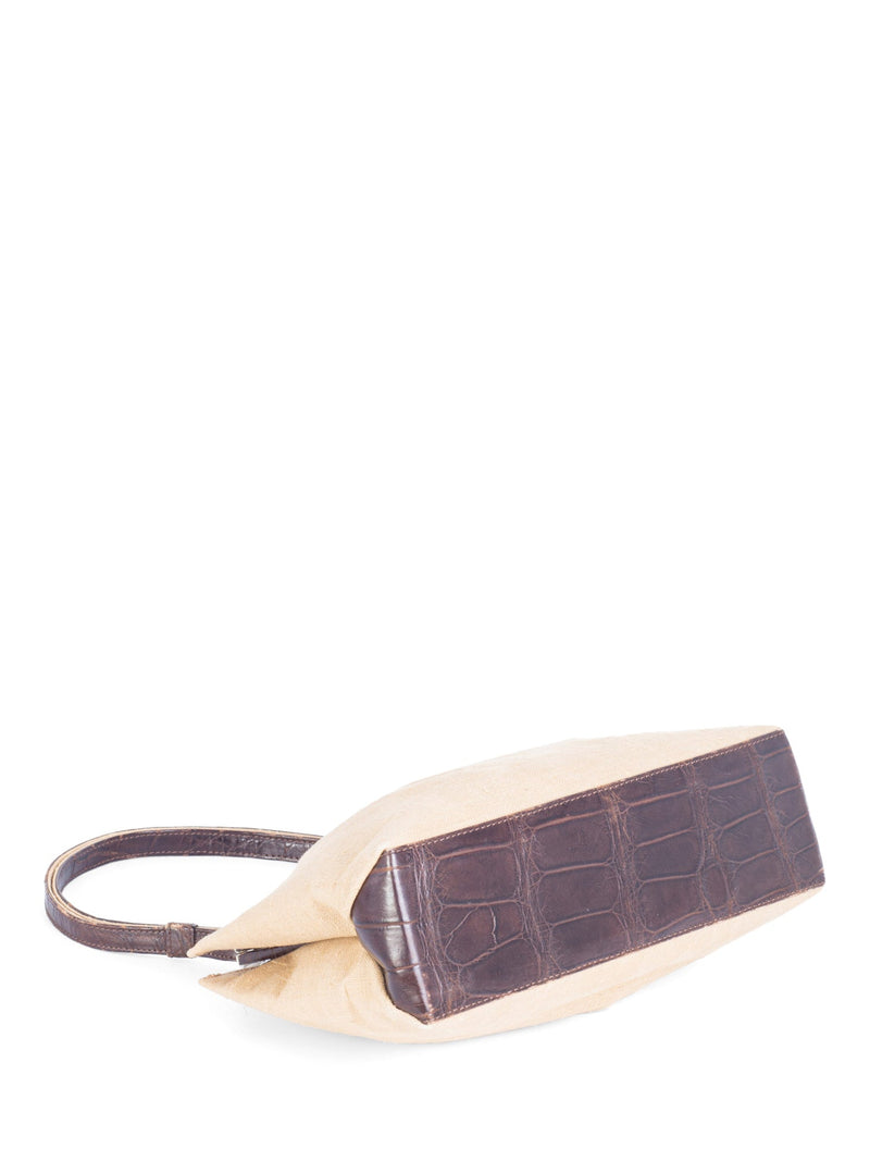 Fendi Woven Canvas Crocodile Embossed Leather Top Handle Bag Beige Brown-designer resale