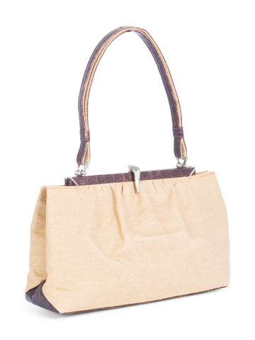 Fendi Woven Canvas Crocodile Embossed Leather Top Handle Bag Beige Brown-designer resale