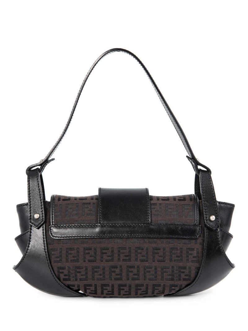 Fendi Zucchino Logo Push Lock Compilation Shoulder Bag Black Silver-designer resale