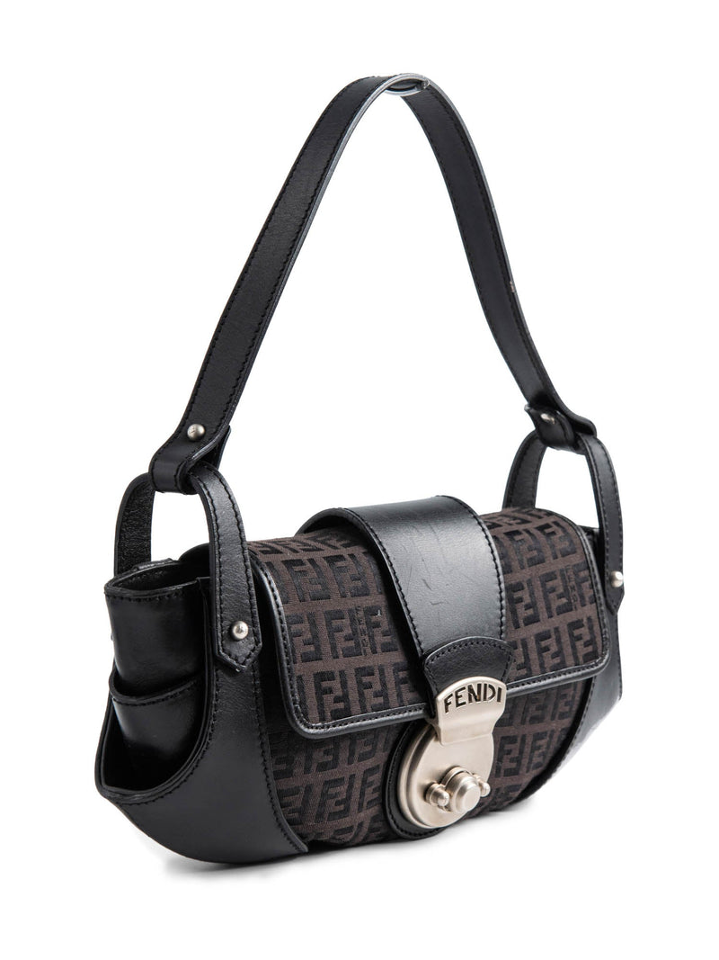 Fendi Zucchino Logo Push Lock Compilation Shoulder Bag Black Silver