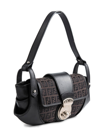 Fendi Zucchino Logo Push Lock Compilation Shoulder Bag Black Silver-designer resale