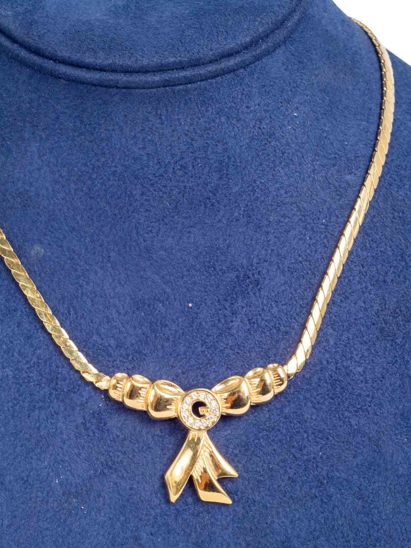 Givenchy G Logo Rhinestone Bow 24K Gold Plated Necklace-designer resale