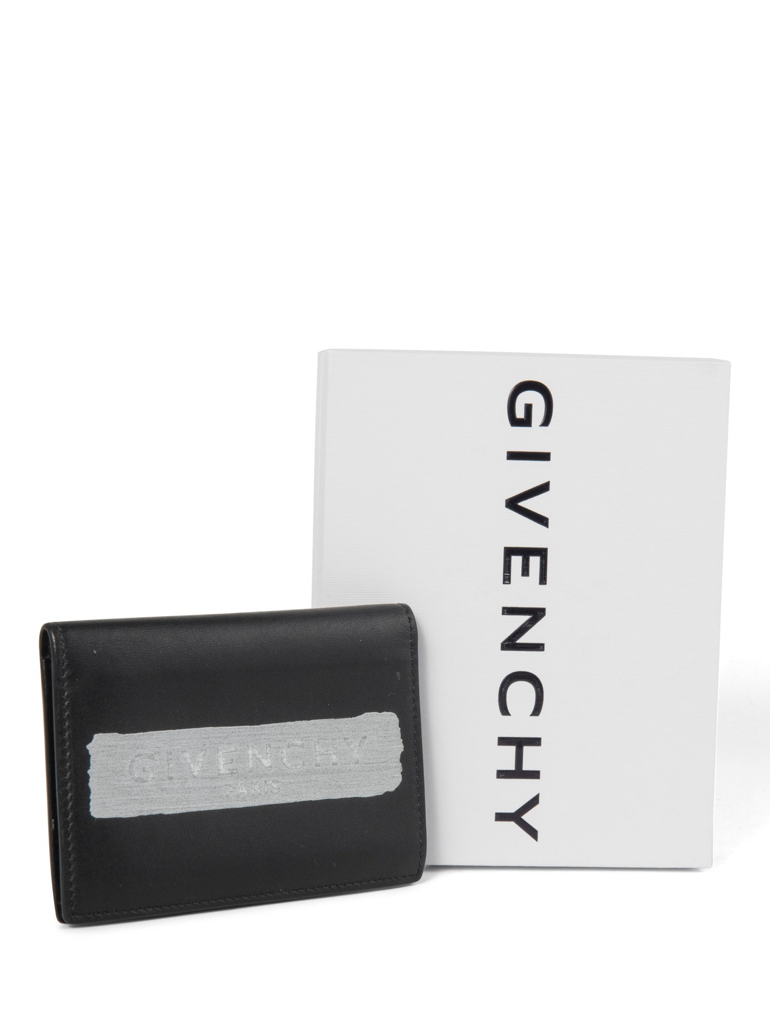 Givenchy Leather Paint Logo Unisex Wallet Black Silver-designer resale