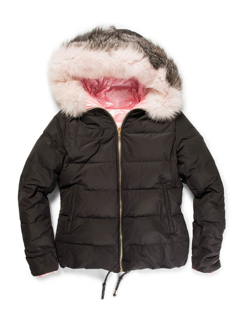 Gorski Reversible Fur Hooded Down Puffer Jacket Black Pink