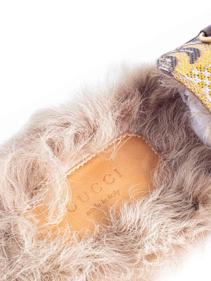 Gucci Brocade Horsebit Buckle Fur Lined Slip On Loafers Beige Multicolor-designer resale