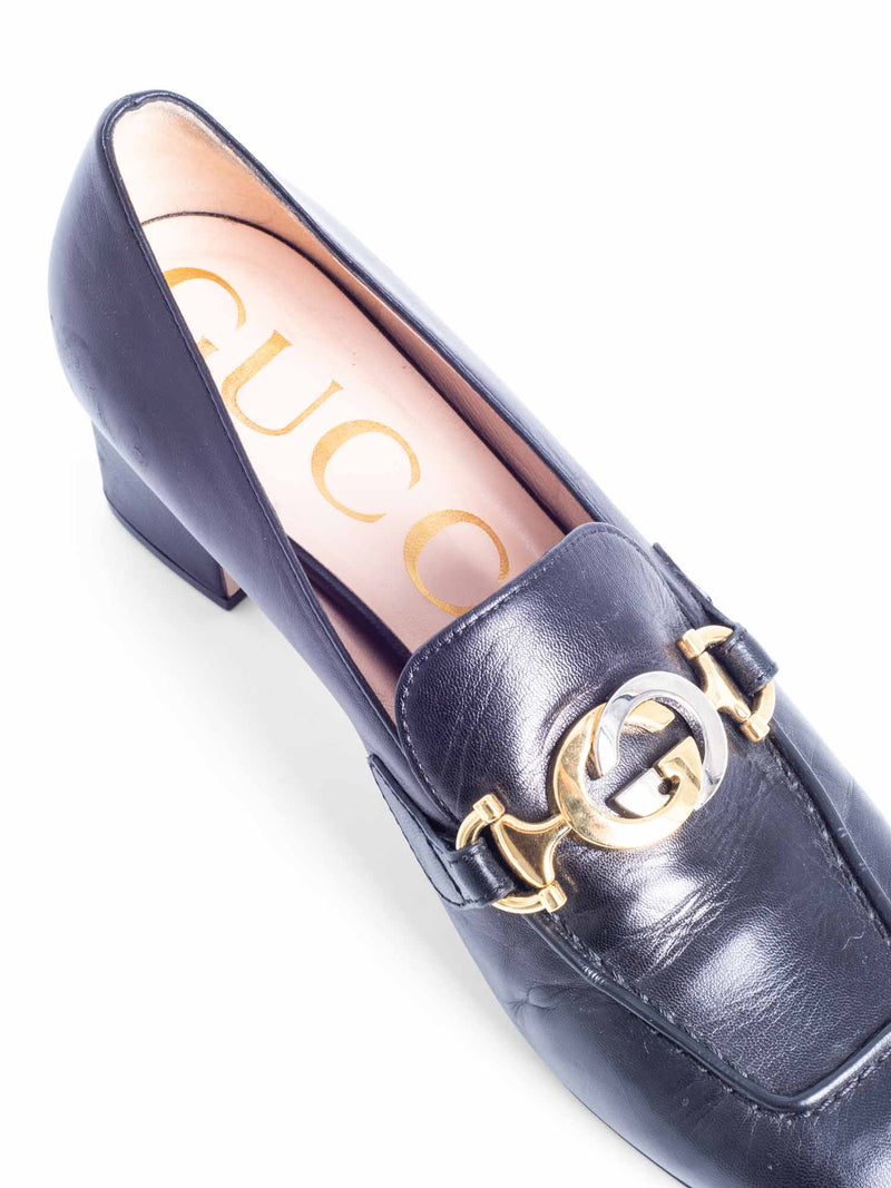 Gucci GG Logo Buckle Leather Block Heel Oxford Shoes Black-designer resale