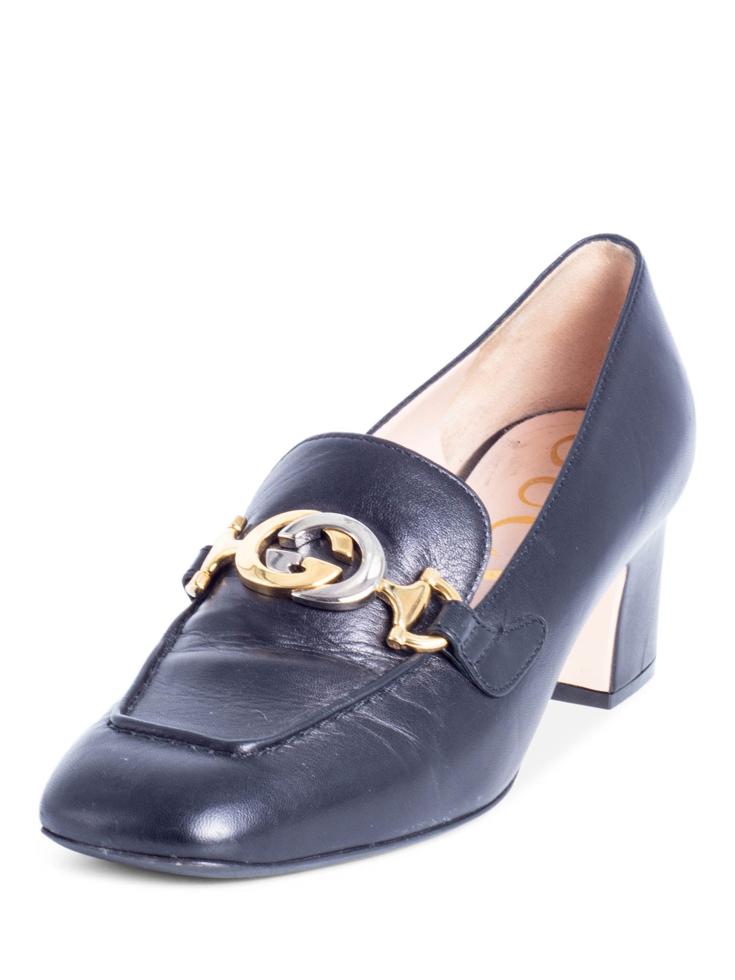 Gucci GG Logo Buckle Leather Block Heel Oxford Shoes Black