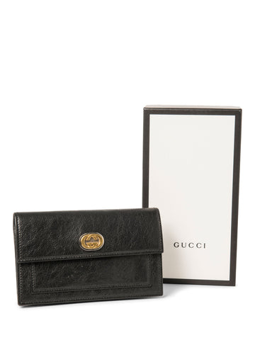 Gucci GG Logo Leather Flap Wallet Clutch Black Gold Silver-designer resale