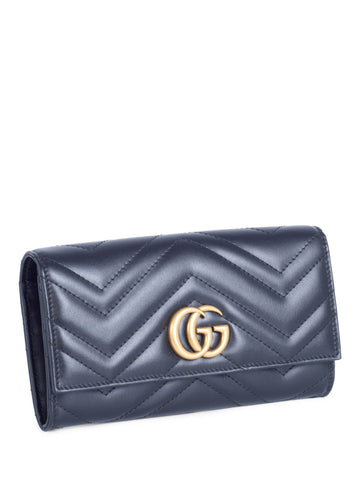 Gucci GG Logo Marmont Chevron Flap Travel Large Wallet Black-designer resale