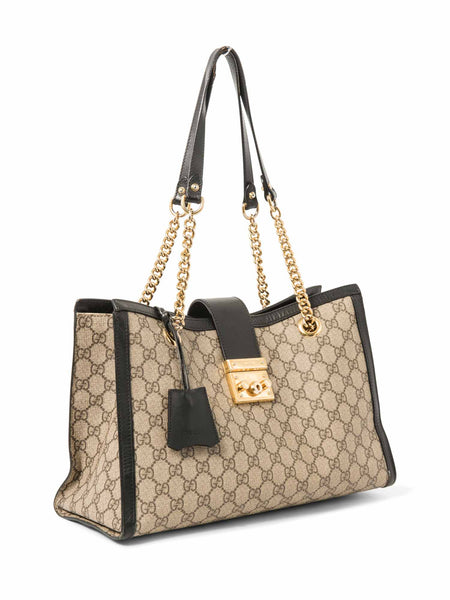 Gucci GG Logo Supreme Canvas Leather Padlock Tote Bag Brown Black Gold