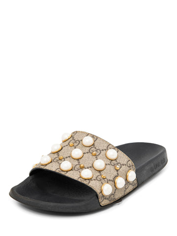 Gucci GG Supreme Canvas Pearl Stud Slides Black Brown-designer resale