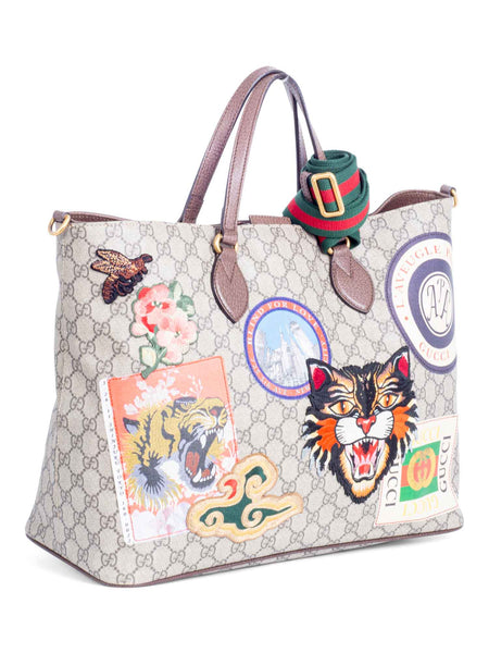 Gucci GG Supreme Patch Logo Tiger Tote Bag Brown