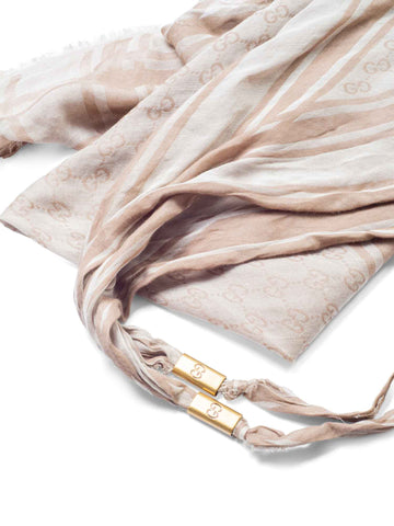 Gucci GG Supreme Tassels Cotton Scarf Taupe Ivory-designer resale