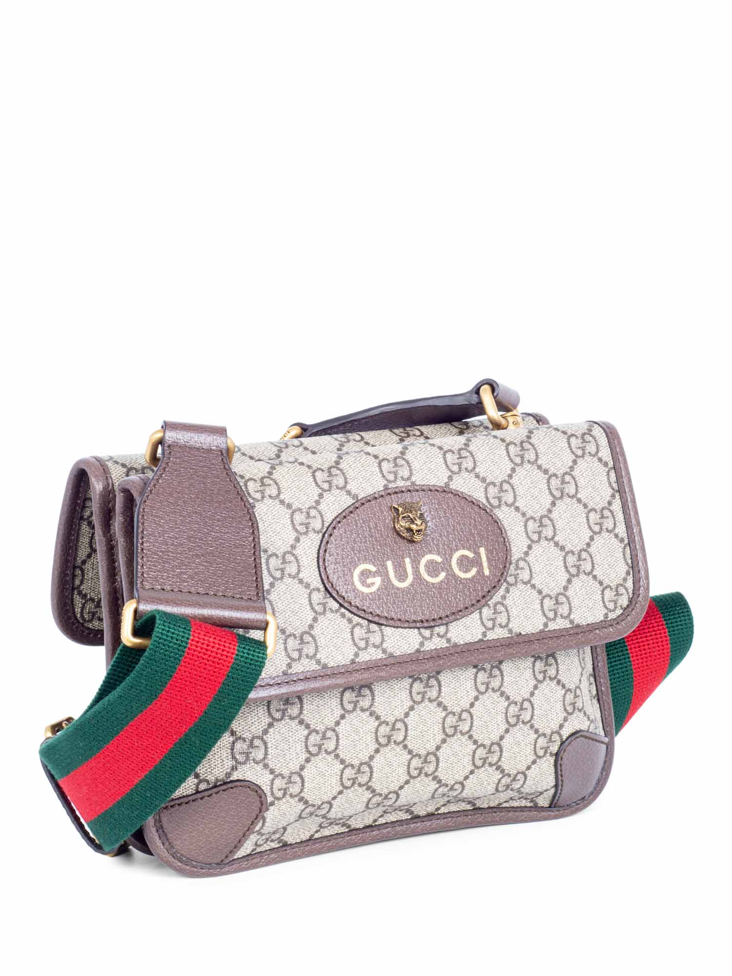 Gucci GG Supreme Web Stripe Double Flap Messenger Bag Brown