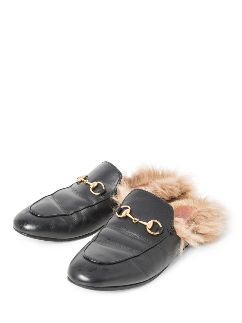 Gucci Leather Horsebit Fur Lined Loafers Black Gold-designer resale