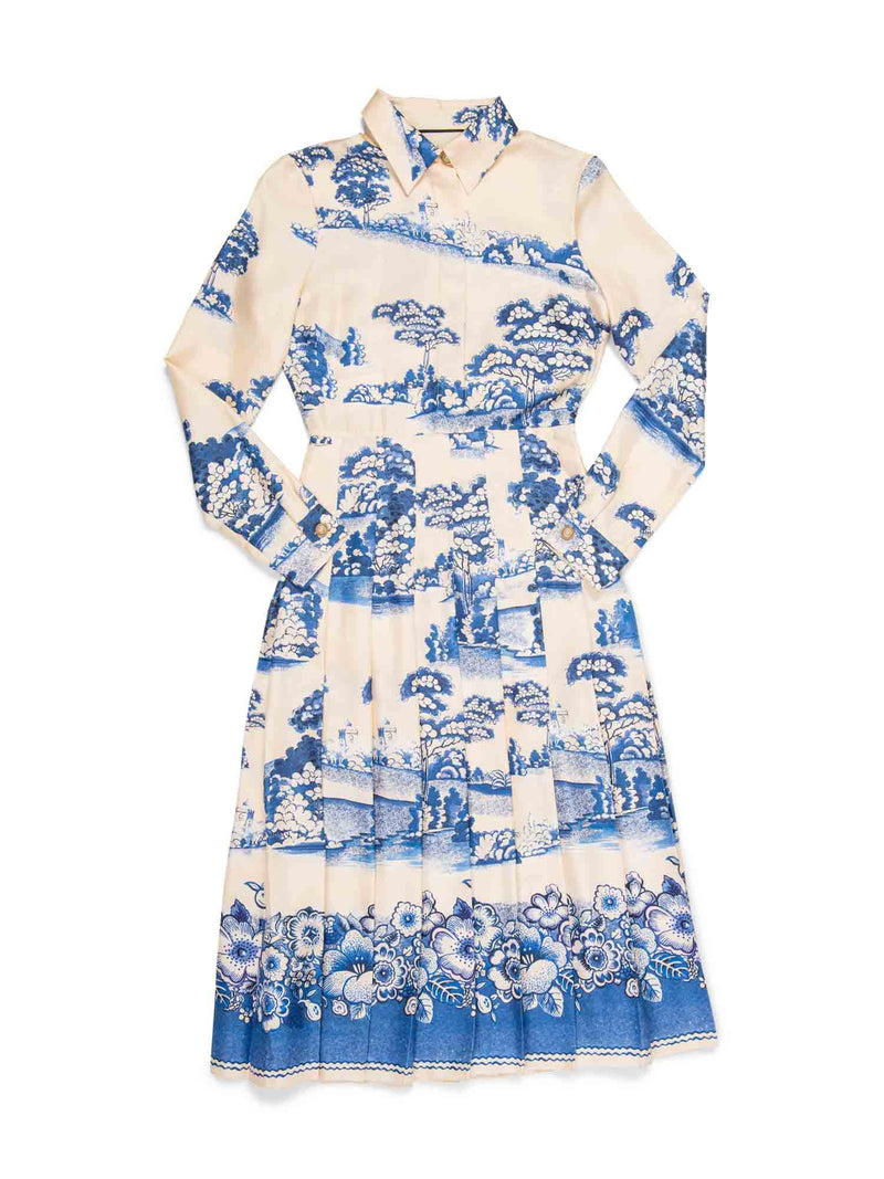 Gucci Logo Silk Pleated Porcelain Garden Midi Dress Ivory Blue Gucci Logo Silk Pleated Porcelain Garden Midi Dress Ivory Blue