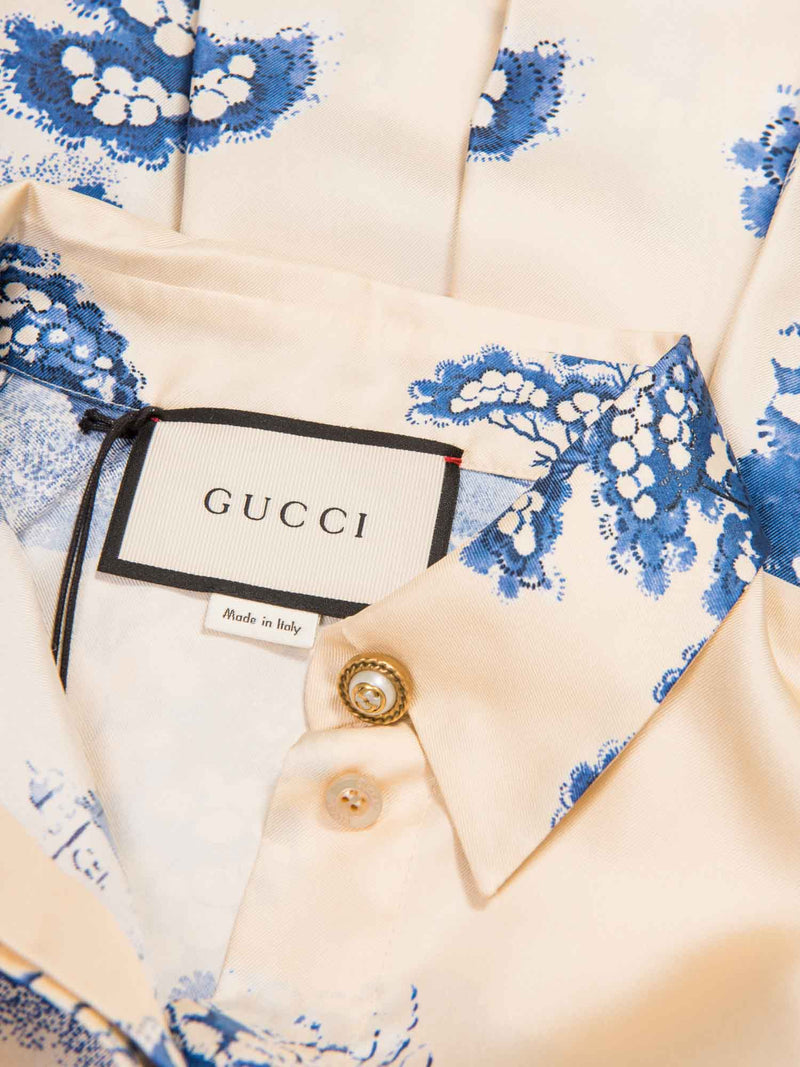 Gucci Logo Silk Pleated Porcelain Garden Midi Dress Ivory Blue Gucci Logo Silk Pleated Porcelain Garden Midi Dress Ivory Blue