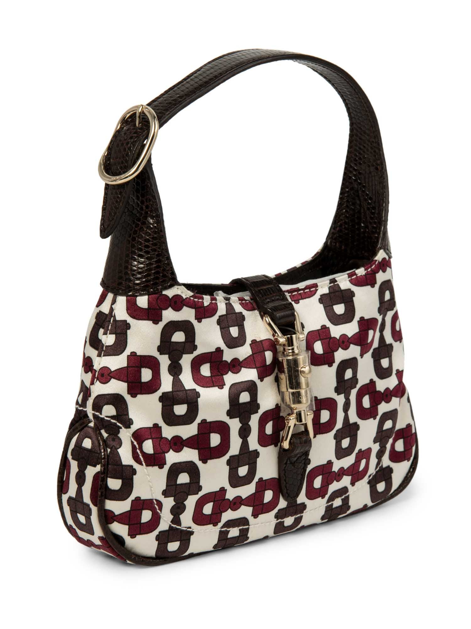 Gucci Mini Horsebit Lizzard Jackie Top Handle Bag Burgundy Brown White