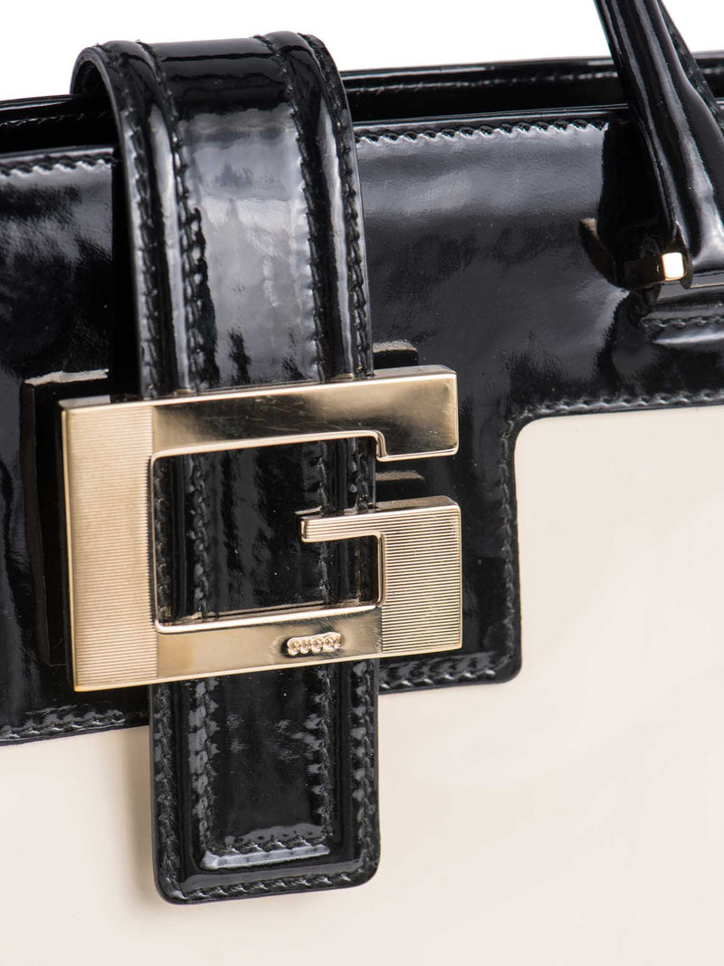 Gucci Patent Leather Logo Top Handle Bag Cream Black-designer resale