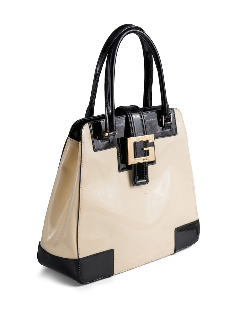 Gucci Patent Leather Logo Top Handle Bag Cream Black-designer resale