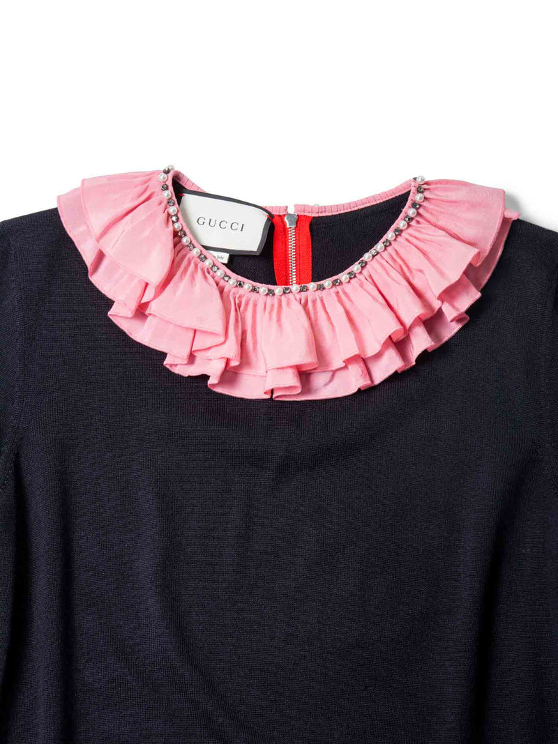 Gucci Runway Cashmere Pearl Neckline Ruffled Sweater Black Pink-designer resale