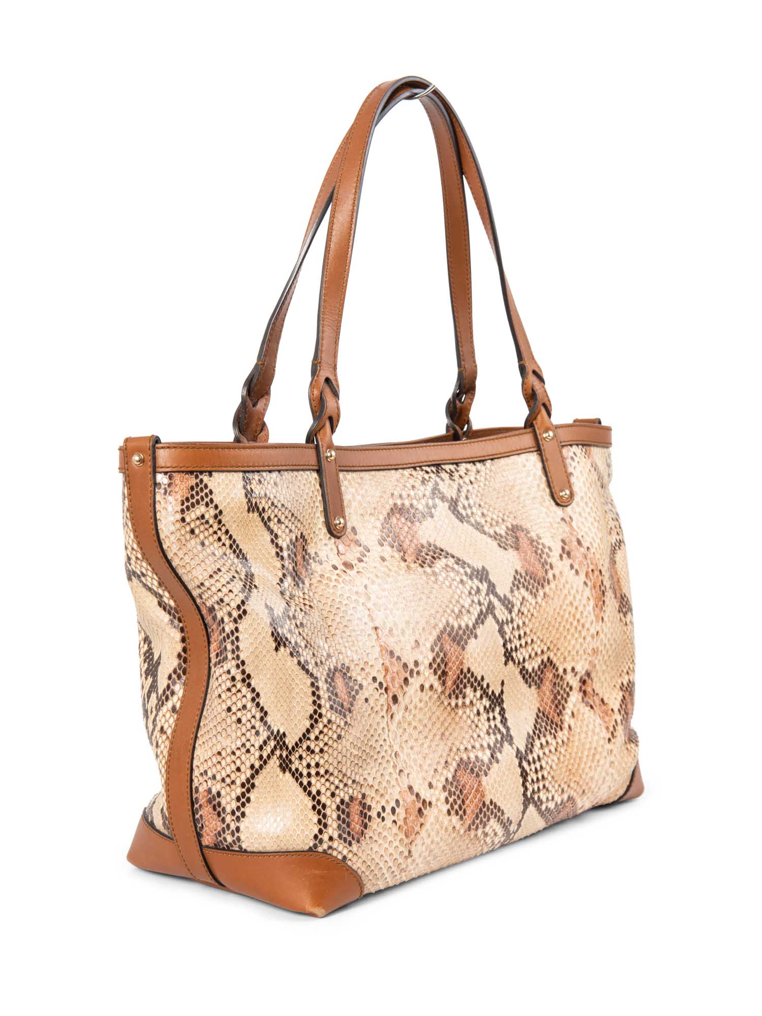 Gucci Shiny Snakeskin Keepall Tote Beige Brown