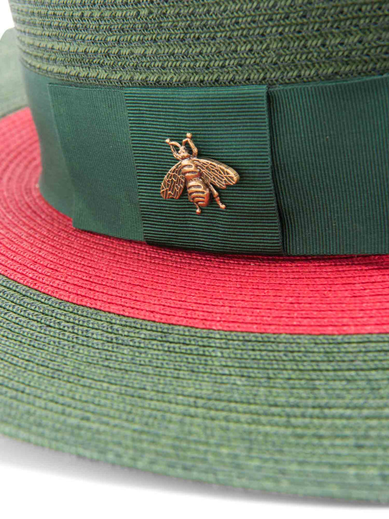 Gucci Straw Grosgrain Bee Hat Green Red-designer resale