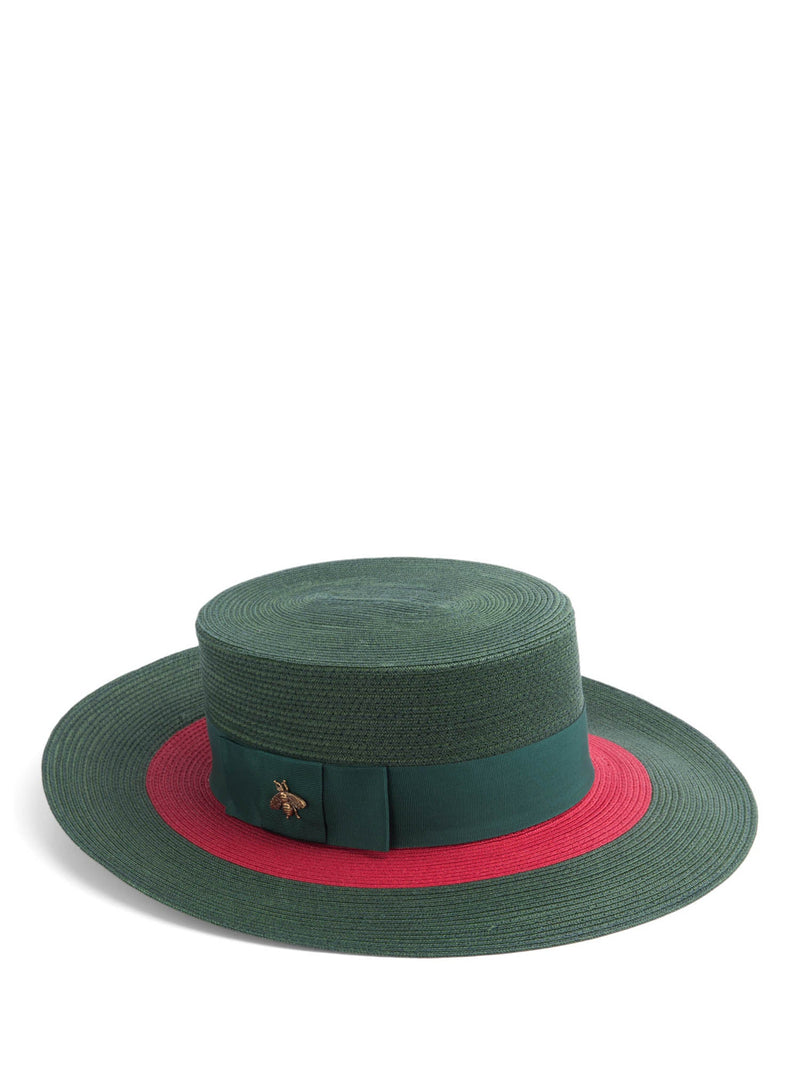 Gucci Straw Grosgrain Bee Hat Green Red-designer resale