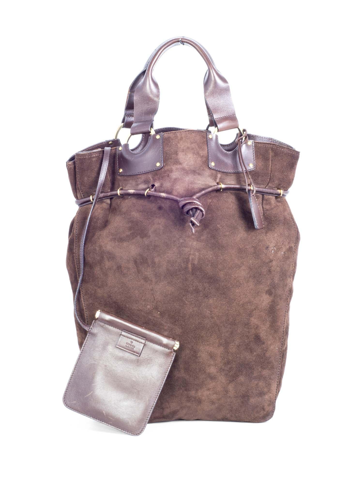 Gucci Suede Leather Pouch Shopper Bag Set Brown