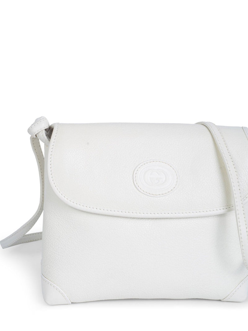 Gucci Vintage GG Logo Leather Messenger Flap Bag White-designer resale