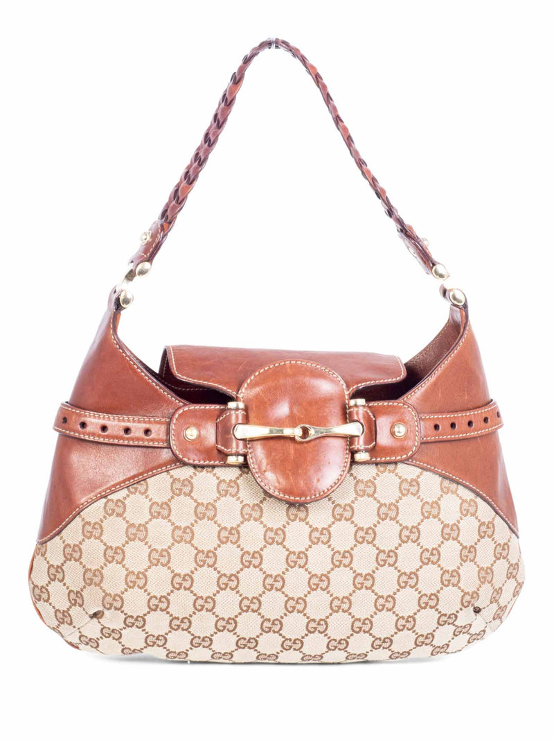 Gucci Vintage GG Supreme Leather Horsebit Shoulder Hobo Bag Brown-designer resale