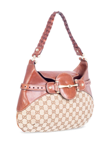 Gucci Vintage GG Supreme Leather Horsebit Shoulder Hobo Bag Brown-designer resale
