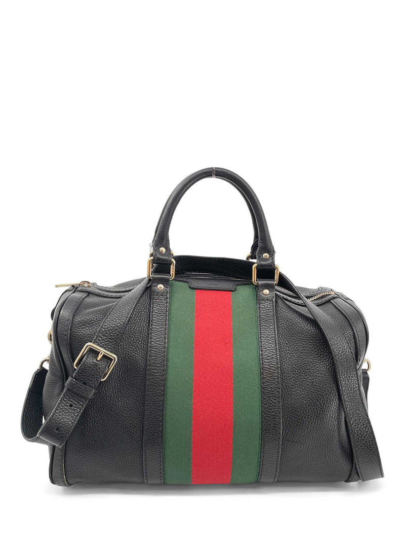 Gucci Black Pebbled Leather Vintage Web Medium Boston Bag w