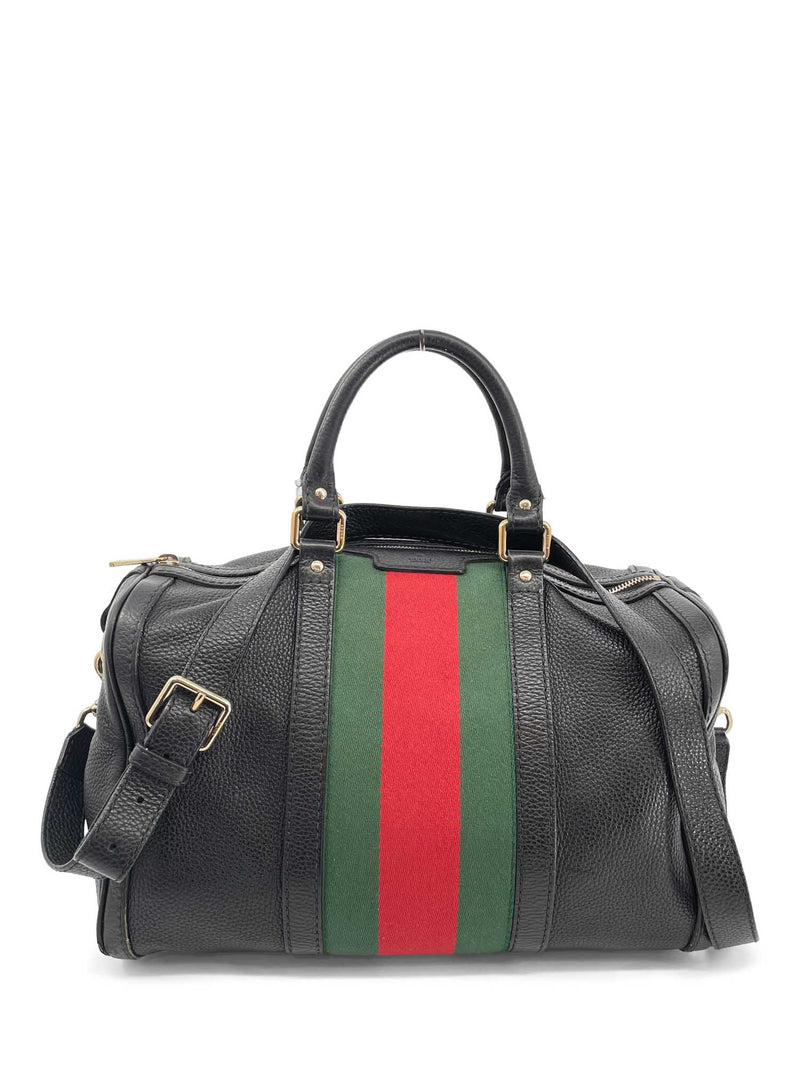 Gucci Vintage Leather Web Stripe Boston Bag Black-designer resale