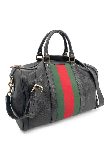 Gucci Vintage Leather Web Stripe Boston Bag Black-designer resale