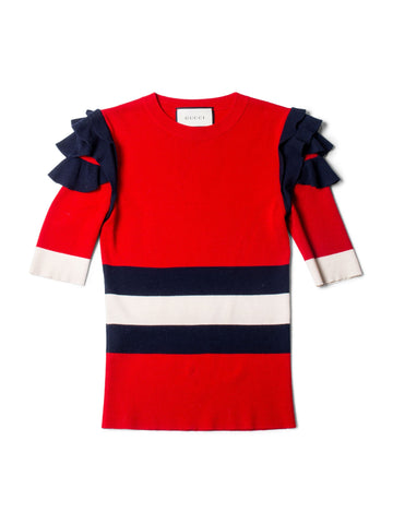 Gucci Wool Ruffled Web Stripe Shirt Red Multicolor-designer resale