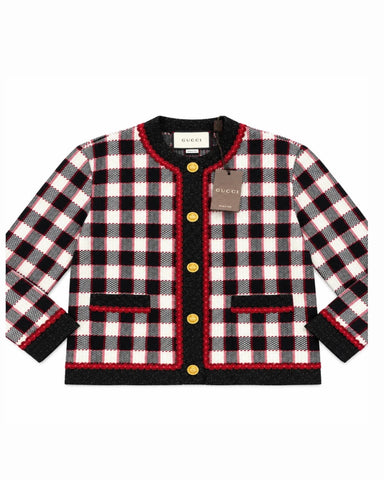Gucci GG Logo Plaid Knitted Cardigan Black Red White