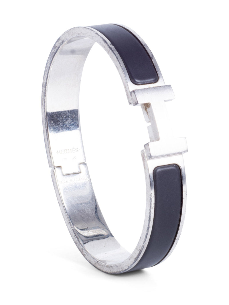 Hermes Enamel Narrow Clic Clac HH Men Bracelet PM Matte Black Silver-designer resale